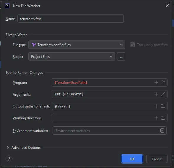 File Watchers terraform fmt 設定前