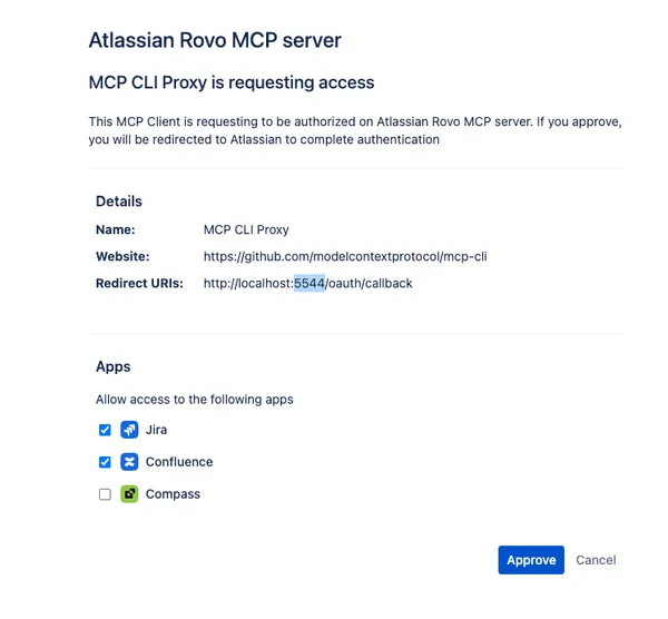 MCP CLI Proxy の認可画面。Redirect URIs に http://localhost:5544/oauth/callback と表示されている