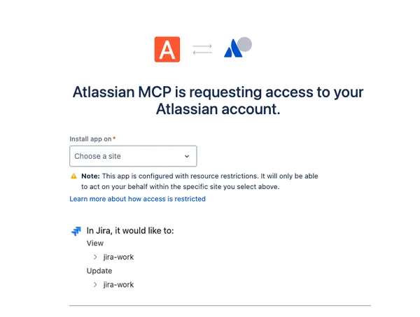 Atlassian のサイト選択の画面。Install app on で「Choose a site」からサイトを1つだけ選ぶ形になっている
