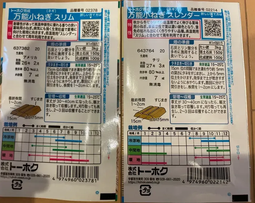小ねぎの種袋の裏2つ。左がスリム、右がスレンダーで、特性・畑の準備・タネまき・管理と収穫・栽培例が書かれている