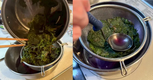 煮出した液をザルでこす