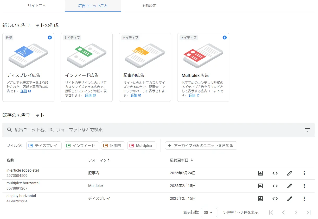 Google AdSense 広告ユニット画面