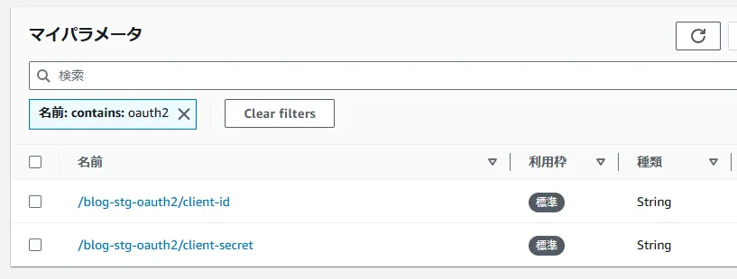 client_id, client_secret を格納しておく SSM Parameter Store パラメータ。種類は String